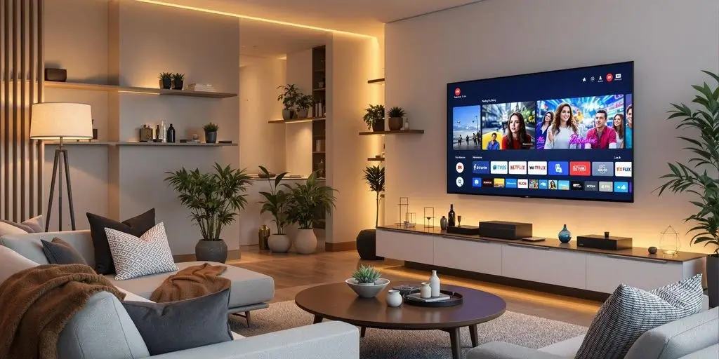 Cozy living room with a large TV and streaming content IPTV Best Streaming Option in Canada thumbnail (1)