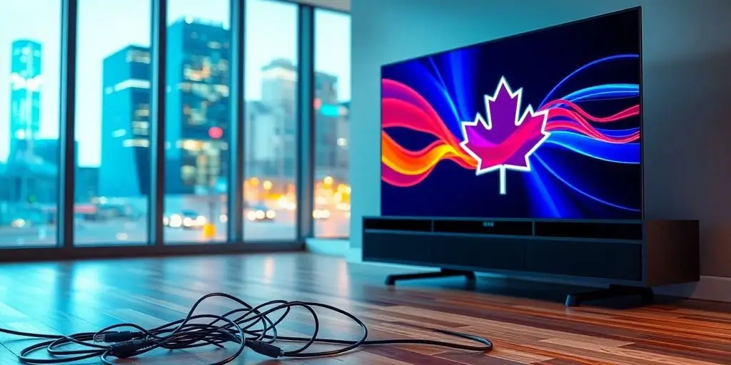 IPTV Quebec: What’s Legal, What Works 1 IPTV Quebec - Maple leaf, TV, internet cables, Quebec cityscape Background image (1)