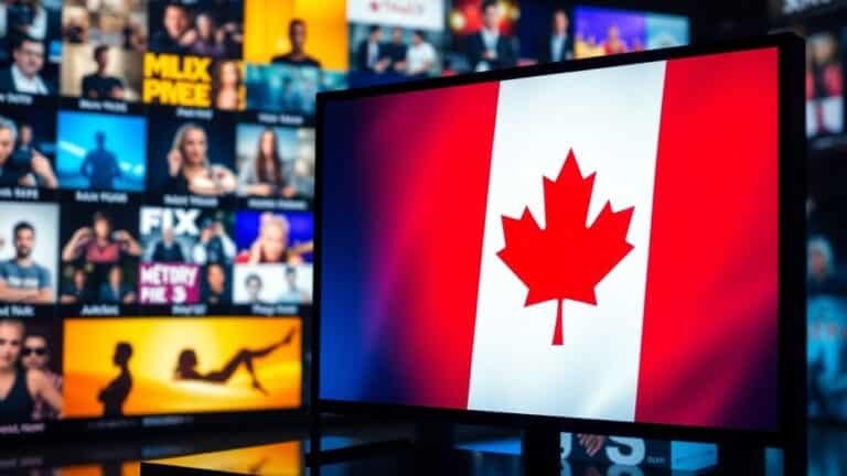 IPTV Best for you - Futuristic TV screen with Canadian flag and entertainment streams.